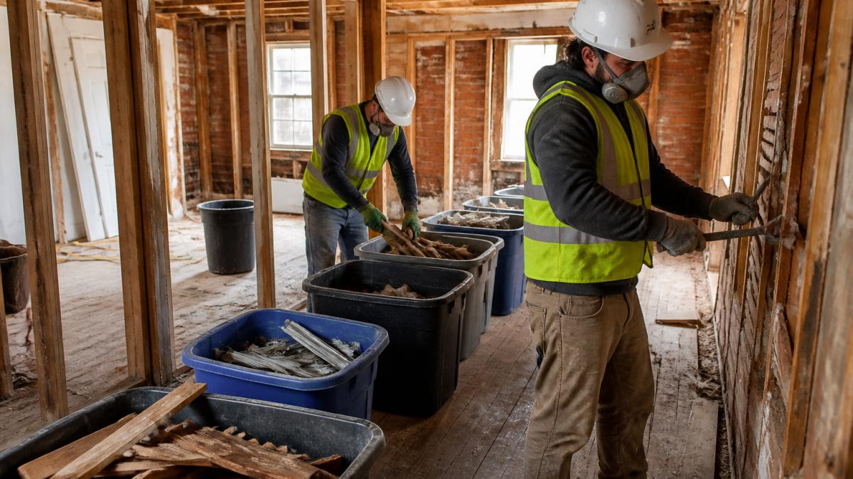 Workers carefully dismantling building components for deconstruction vs demolition, sorting salvageable materials.